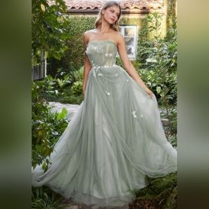 Sage green strapless floral embellished long lace up back ball gown